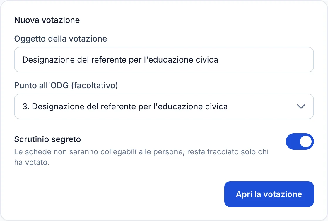Modulo di apertura di una votazione, con oggetto, punto dell'ODG e interruttore per lo scrutinio segreto