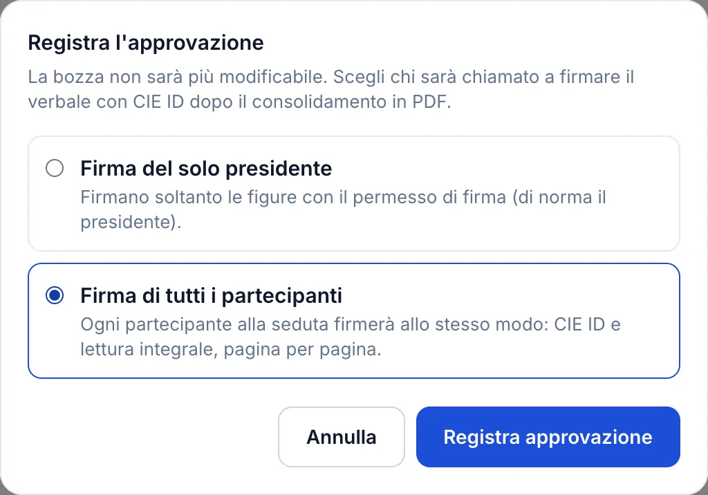 Scelta del perimetro di firma al momento dell'approvazione del verbale