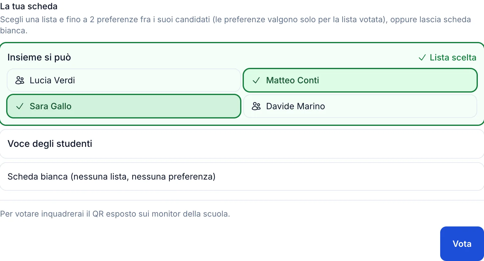Cabina di voto con la lista scelta e le preferenze espresse