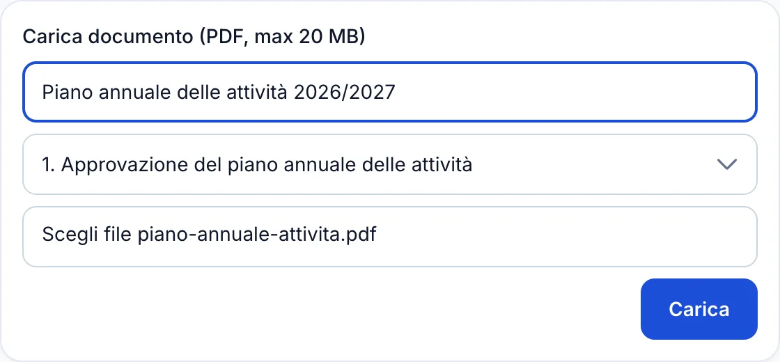 Caricamento di un documento PDF collegato a un punto dell'ordine del giorno