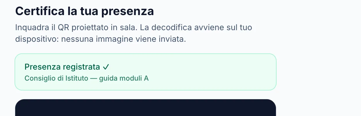 Conferma di presenza registrata dopo la scansione del QR dal telefono del componente