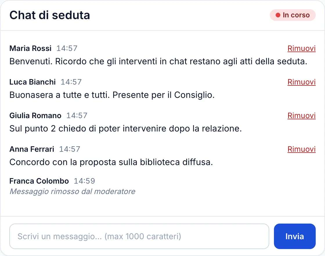 Thread della chat di seduta con un messaggio rimosso dal moderatore, che lascia la traccia dell'autore