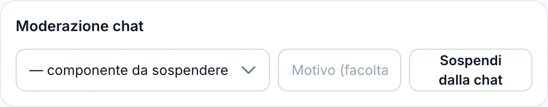 Pannello di moderazione della chat con la sospensione di un componente e il campo motivo