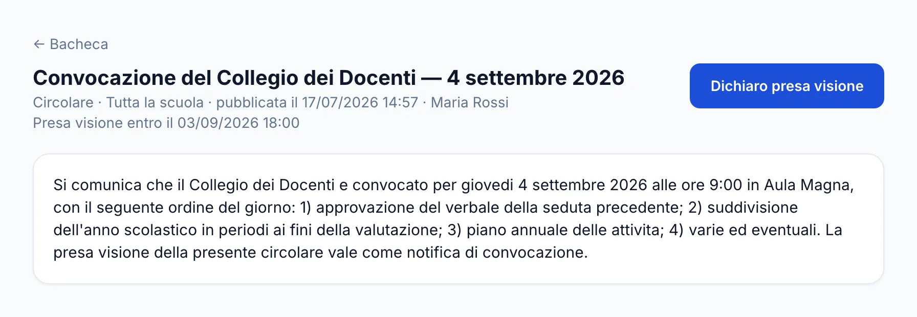 Circolare vista dal destinatario, con il pulsante per dichiarare la presa visione
