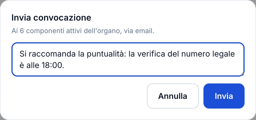 Modulo di convocazione con i destinatari dichiarati e una nota facoltativa