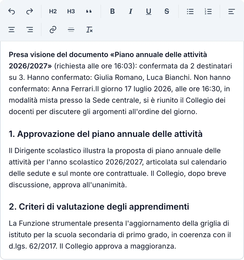 Editor del verbale con testo formattato, intestazioni ed elenchi