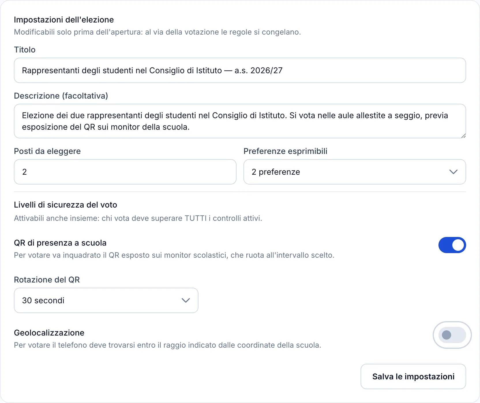 Impostazioni dell'elezione: numero di preferenze, QR di presenza con intervallo di rotazione e verifica della posizione
