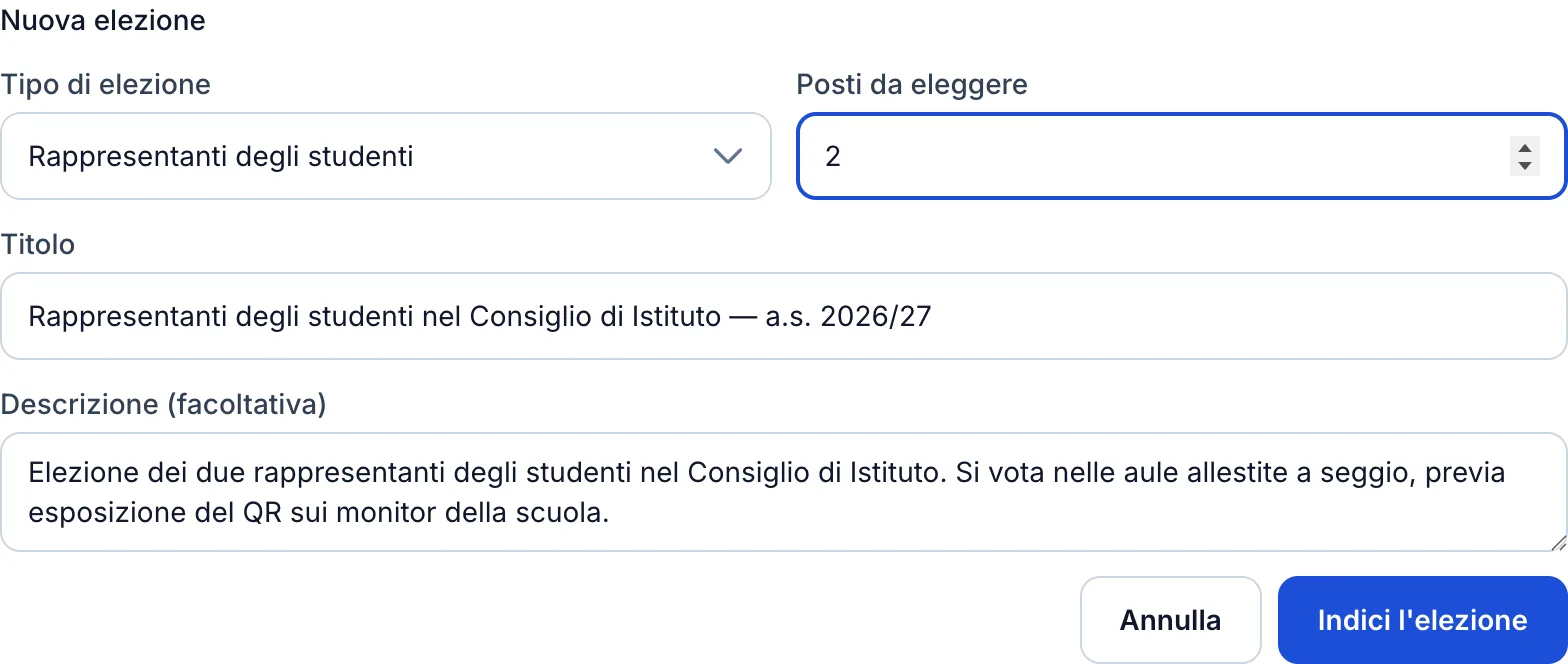 Indizione di una nuova elezione: tipo, titolo e numero di posti da eleggere