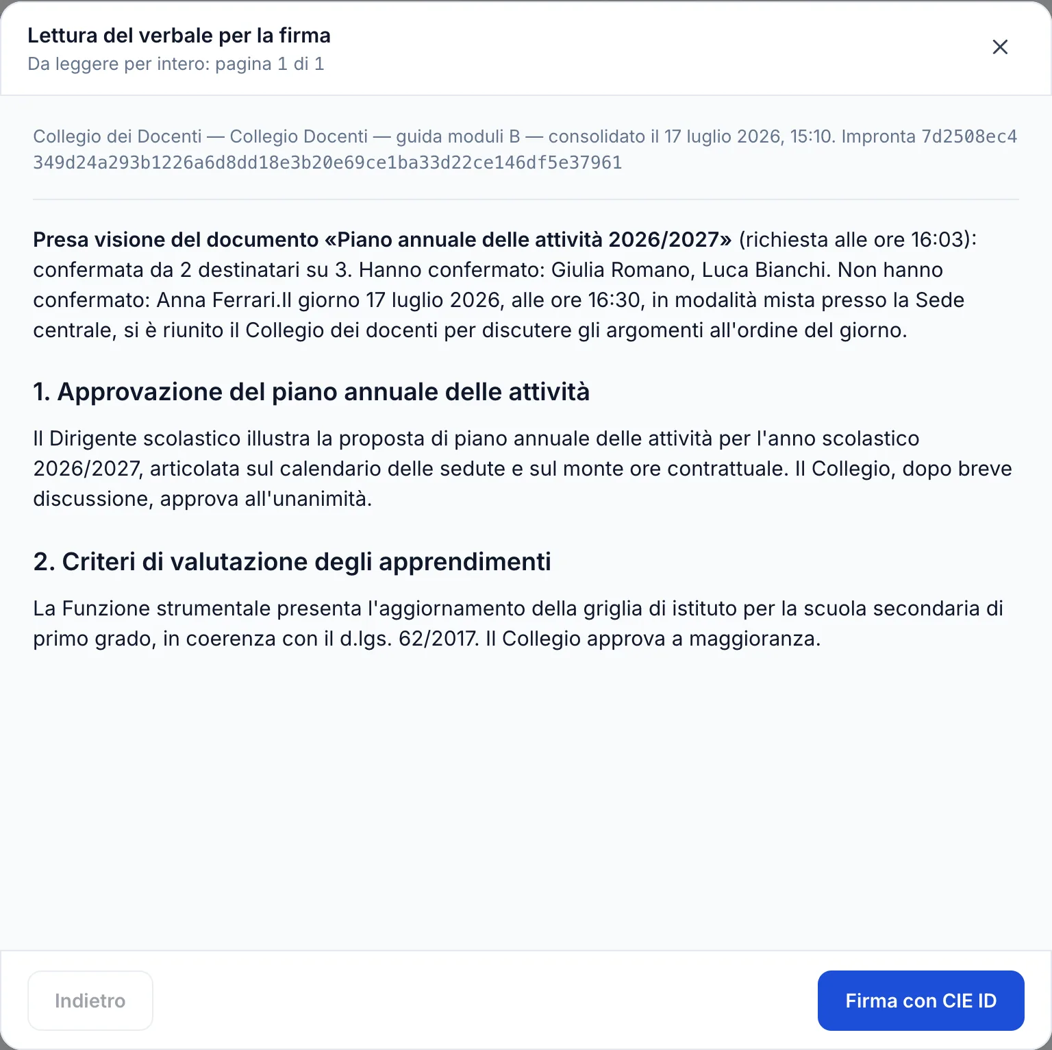 Lettore obbligatorio del verbale prima della firma, con l'impronta dello snapshot in testa