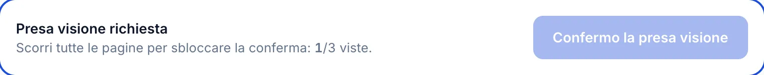 Barra di lettura con il pulsante di conferma ancora disattivato alla prima pagina