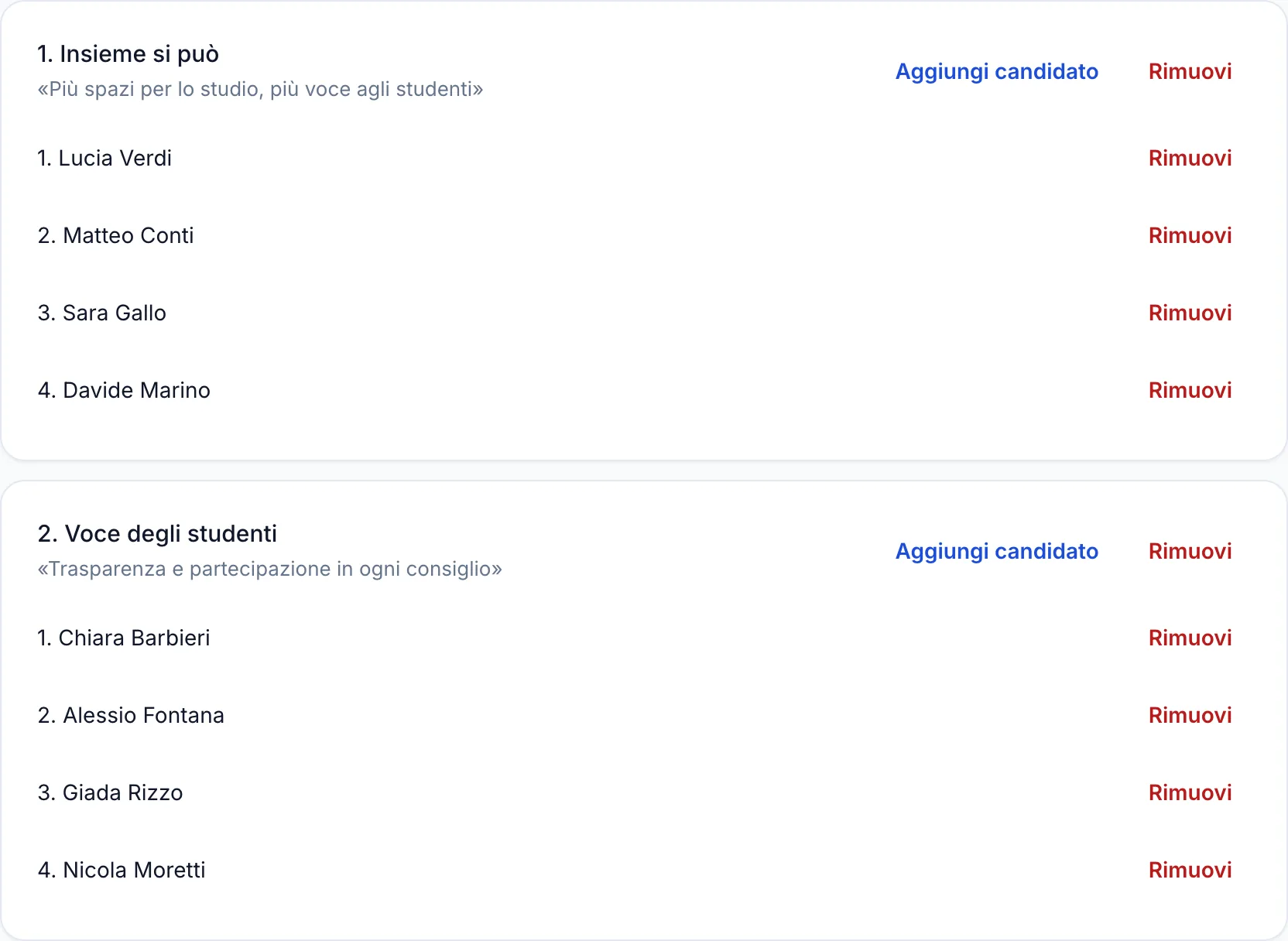 Due liste elettorali con i rispettivi candidati