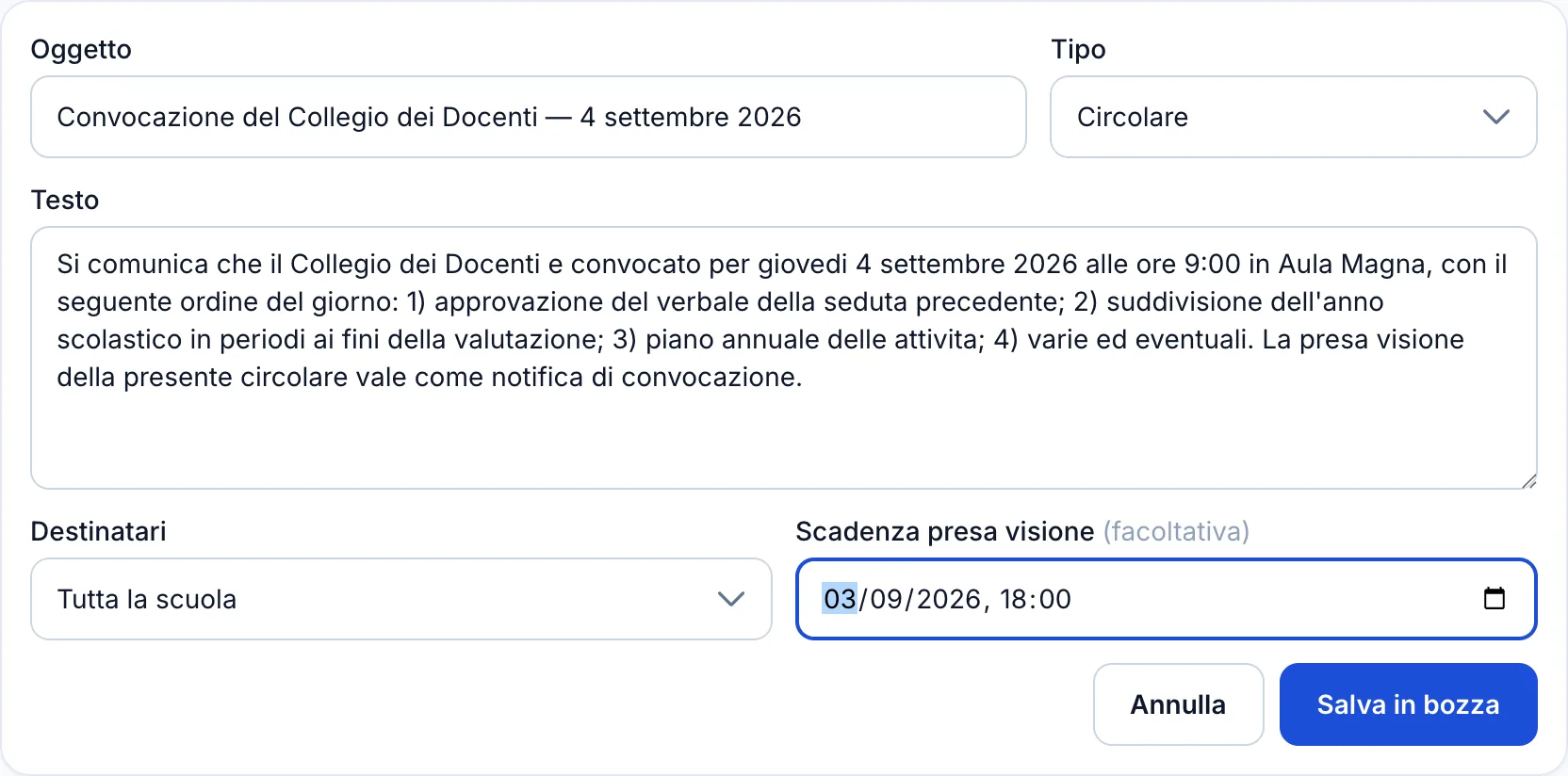 Composizione di una nuova circolare con oggetto, testo, tipo, destinatari e scadenza