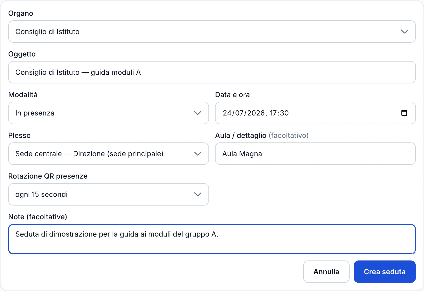 Modulo di creazione di una nuova seduta: organo, oggetto, modalità, data e rotazione del QR