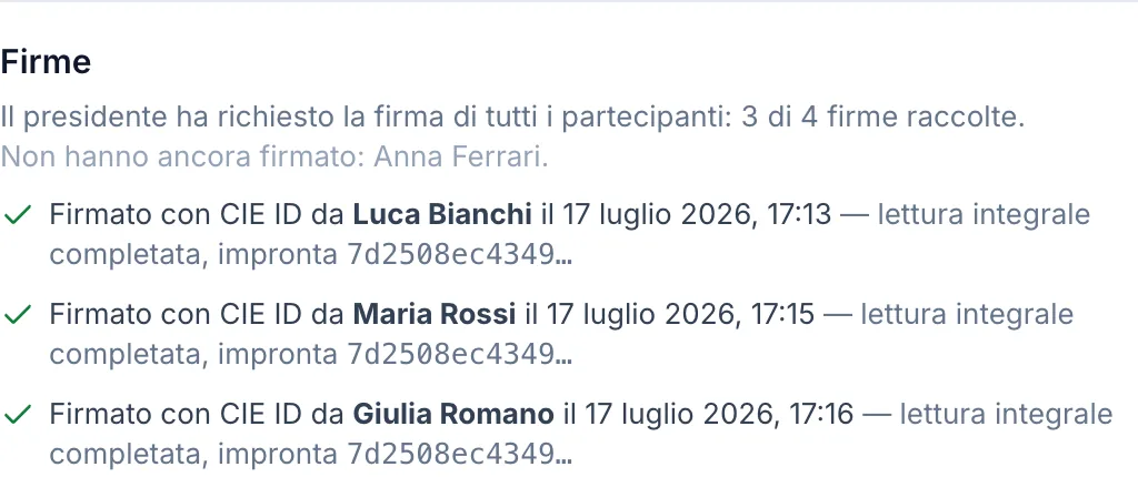 Pannello delle firme raccolte su un verbale, con avanzamento della firma collettiva