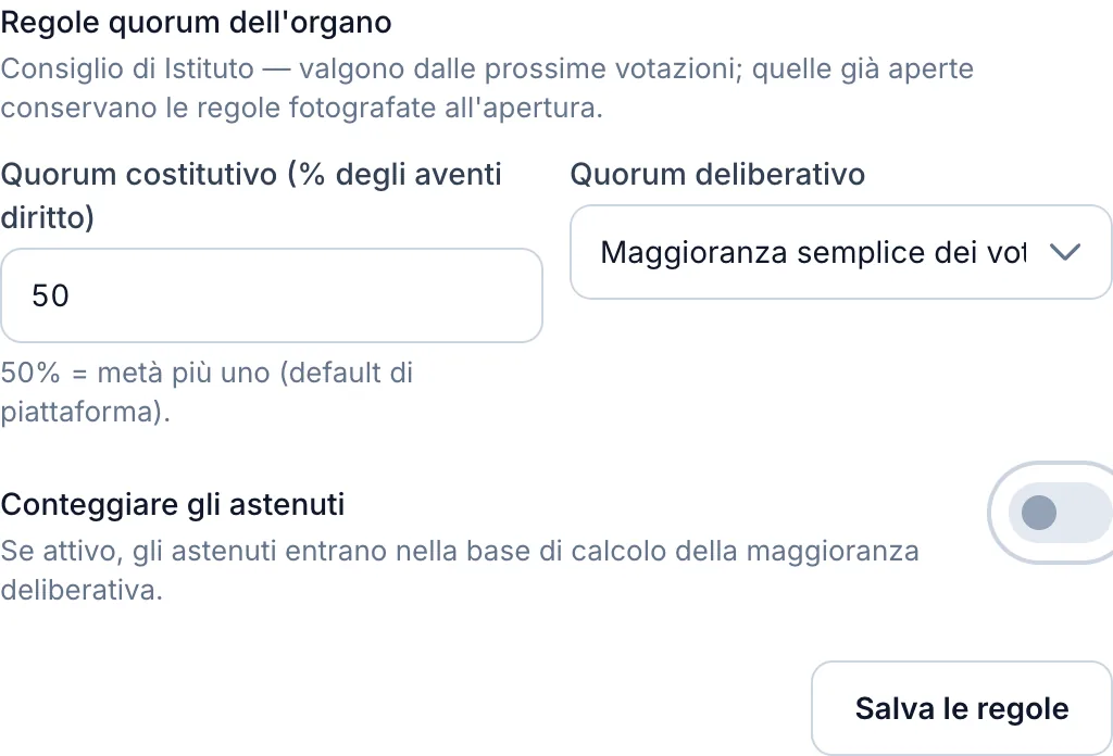 Impostazione delle regole di quorum di un organo: percentuale costitutiva, regola deliberativa e trattamento degli astenuti