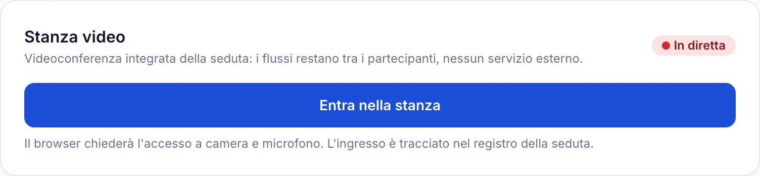 Pannello della stanza video prima di entrare, con badge In diretta e pulsante di ingresso