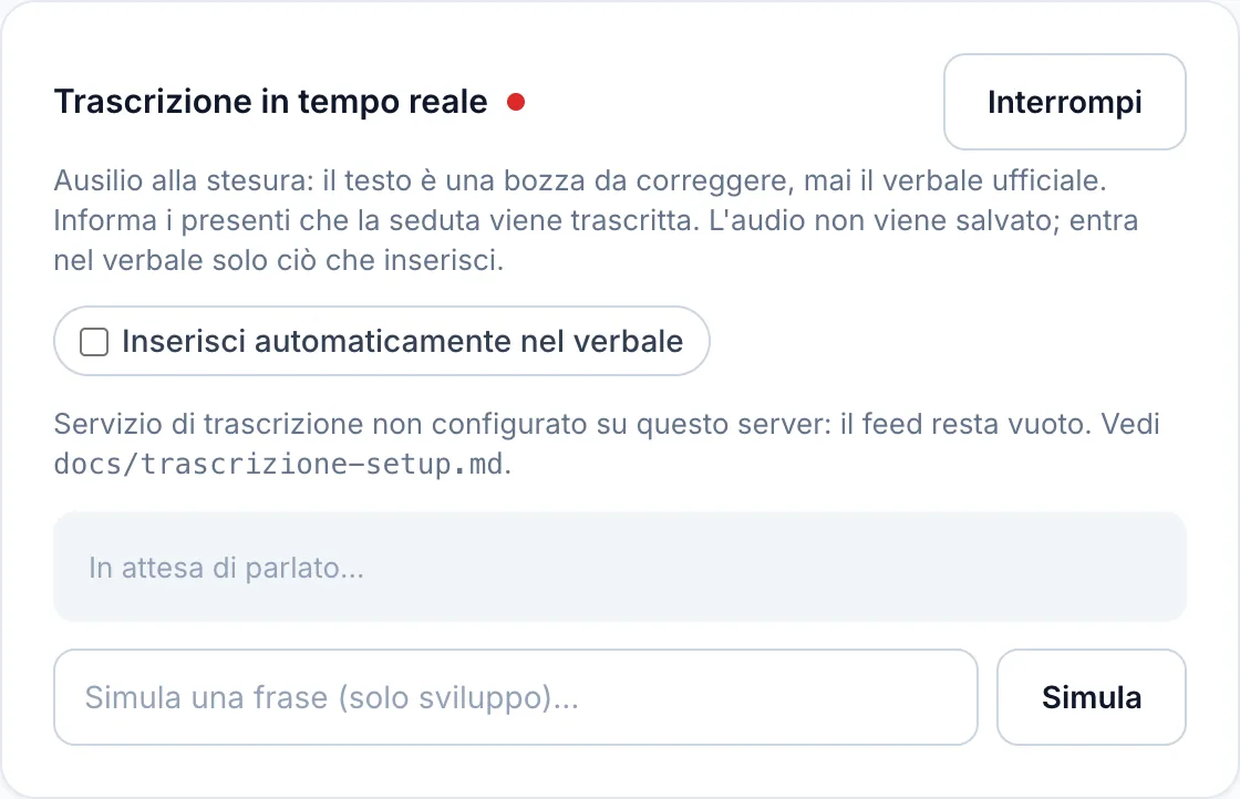 Pannello della trascrizione attiva con i segmenti attribuiti a chi parla e il pulsante per inserirli nel verbale