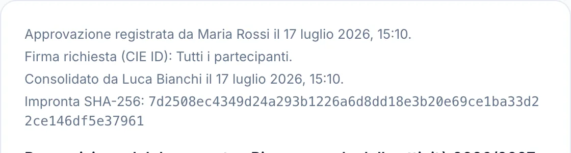 Testata di un verbale consolidato con chi ha approvato, chi ha consolidato e l'impronta SHA-256 per esteso
