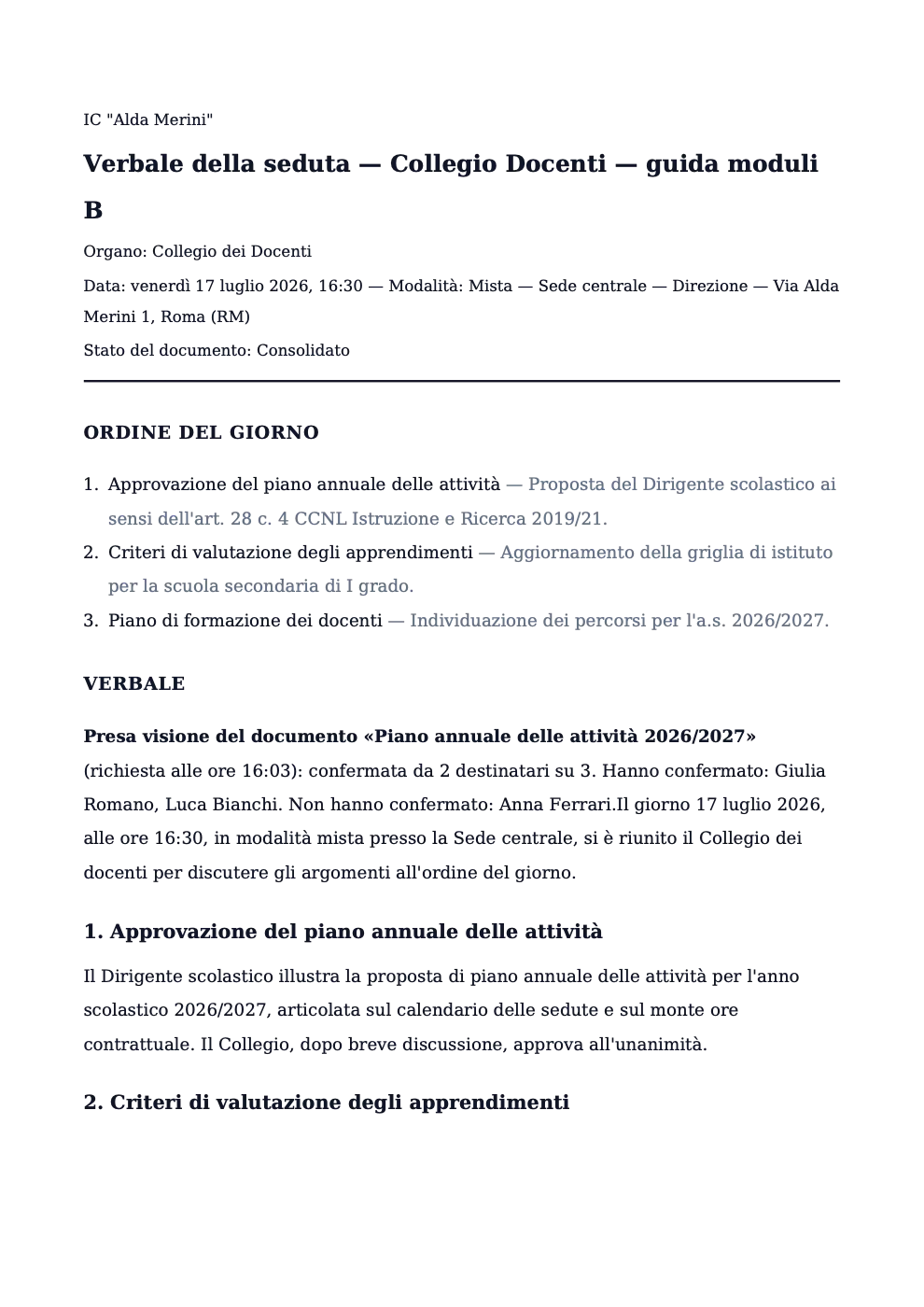 Verbale consolidato esportato in PDF, impaginato con intestazione, presenze ed esiti