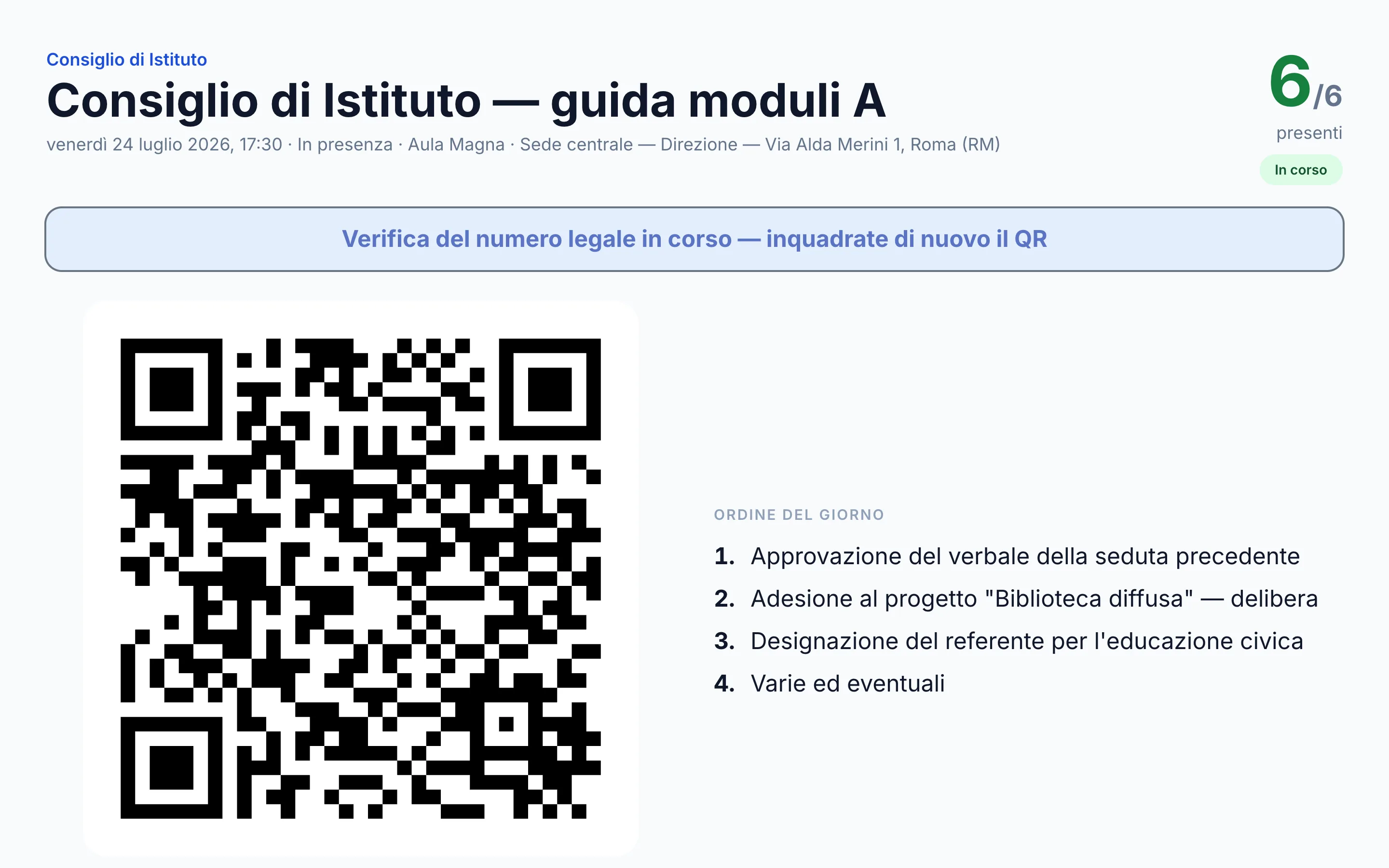 Banner di verifica del numero legale sulla vista proiettore, con richiesta di ri-scansione