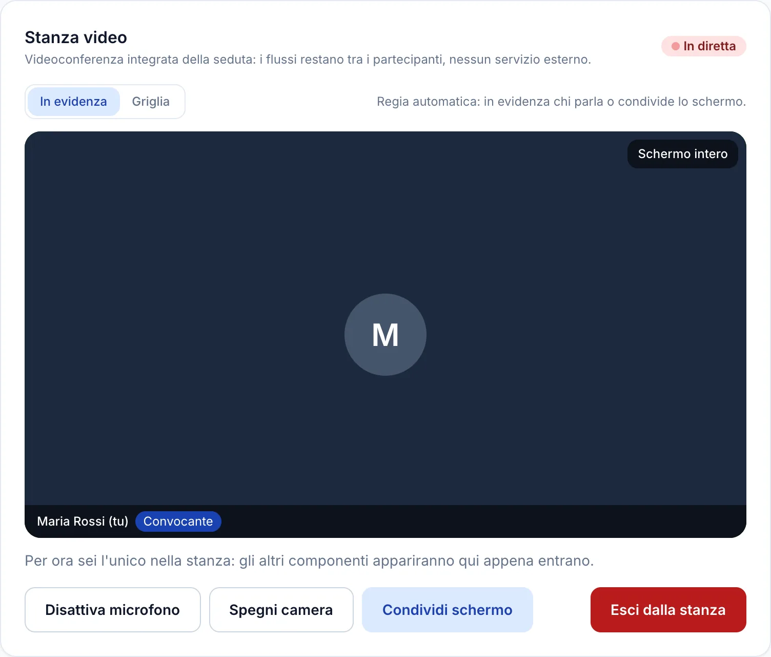 Vista della stanza video da parte di chi ha convocato la seduta, con badge Convocante e comandi di regia