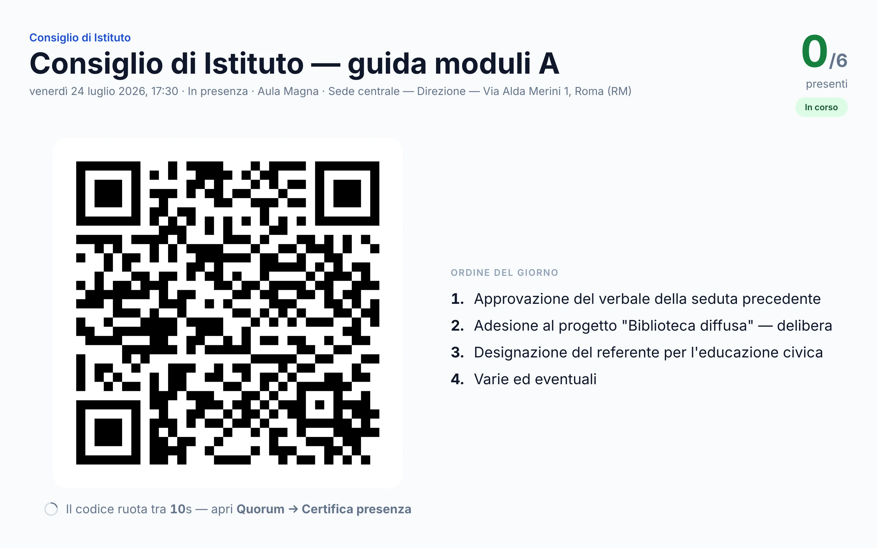 Vista proiettore di una seduta: QR rotante per la rilevazione delle presenze, ordine del giorno e contatore dei presenti